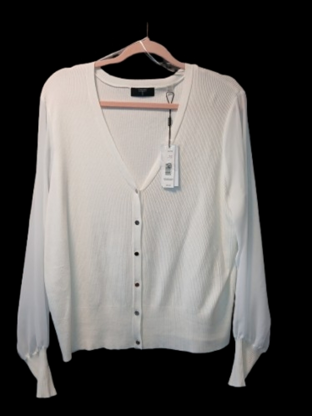 Tahari NWT White Ribbed Cardigan Chiffon Sleeves Button Front V-Neck Size XL